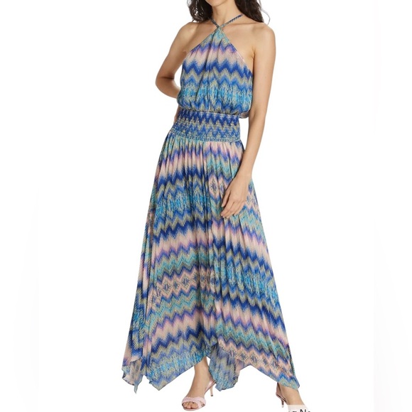 Ramy Brook Giana Striped Blue Halter Maxi Dress NWT Size Small - Picture 1 of 7